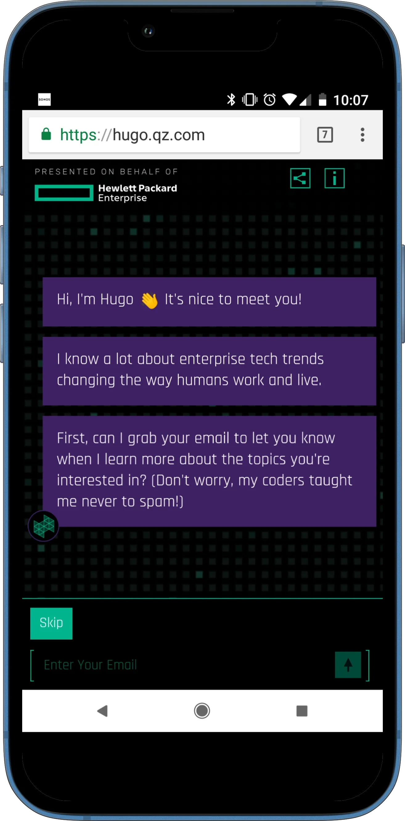 Mobile phone screen showing the Hugo chatbot offering topics such as security and robotics.